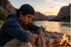 Boy sitting by a fire near a river