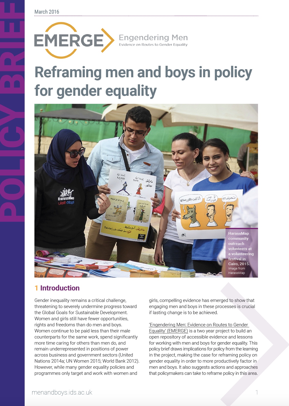EMERGE, Policy Brief - Reframing men and boys in policy for gender equality March 2016 - Cover