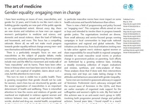 Flood, Gender equality - Engaging men in change Lancet May 2019 Clipping